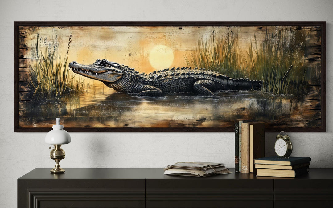 Alligator in marshland sunset horizontal wall art.