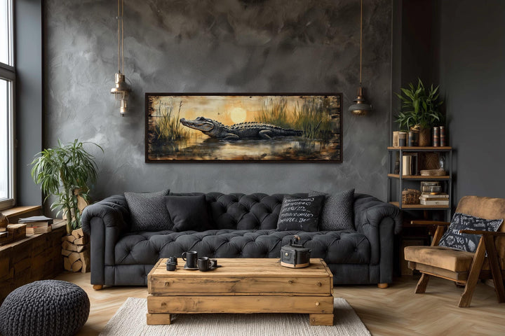 Alligator in marshland sunset horizontal wall art with a dark gray textured wall.