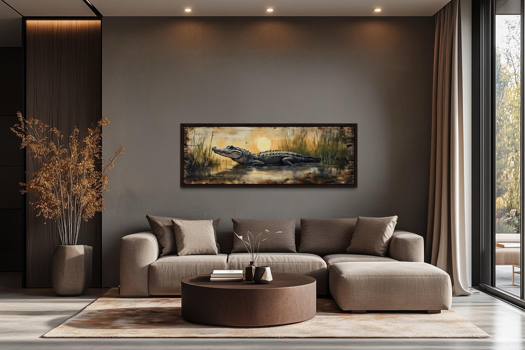 Alligator in marshland sunset horizontal wall art.