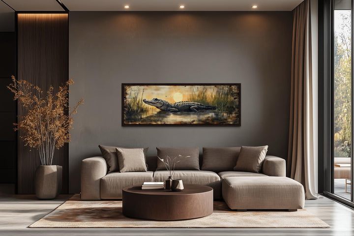Alligator in marshland sunset horizontal wall art.