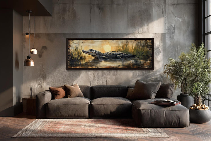 Alligator in marshland sunset horizontal wall art.