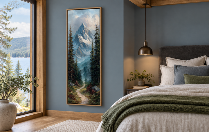 Slim vertical canvas art of a mountain path and snowy peaks in a rustic bedroom setting.