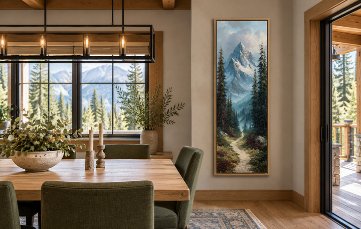 Vertical canvas print of a winding mountain path leading to snowy peaks in a rustic dining room.