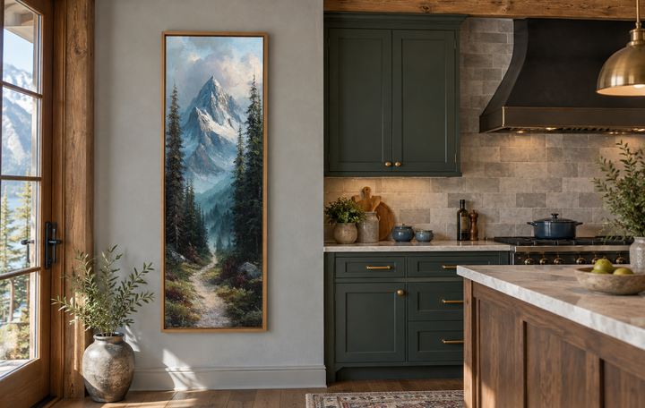 Slim vertical canvas art of a mountain path and snowy peaks in a rustic kitchen setting.