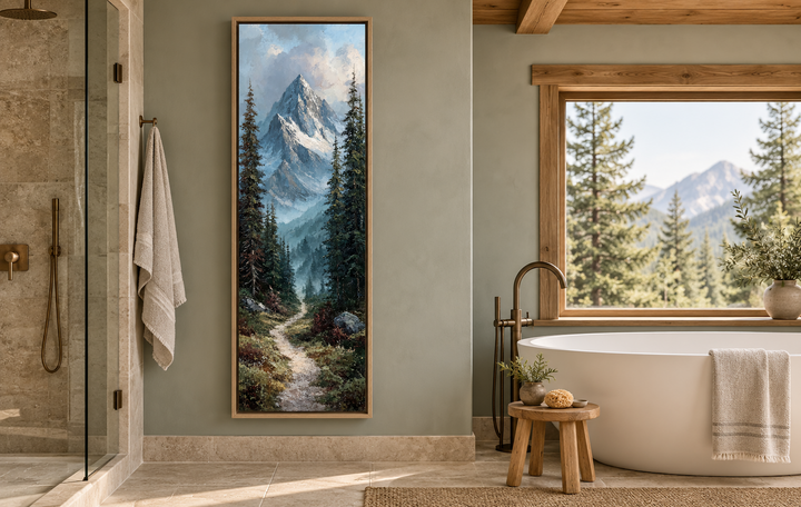 Slim vertical canvas print of a mountain path and snowy peaks in a rustic bathroom setting.