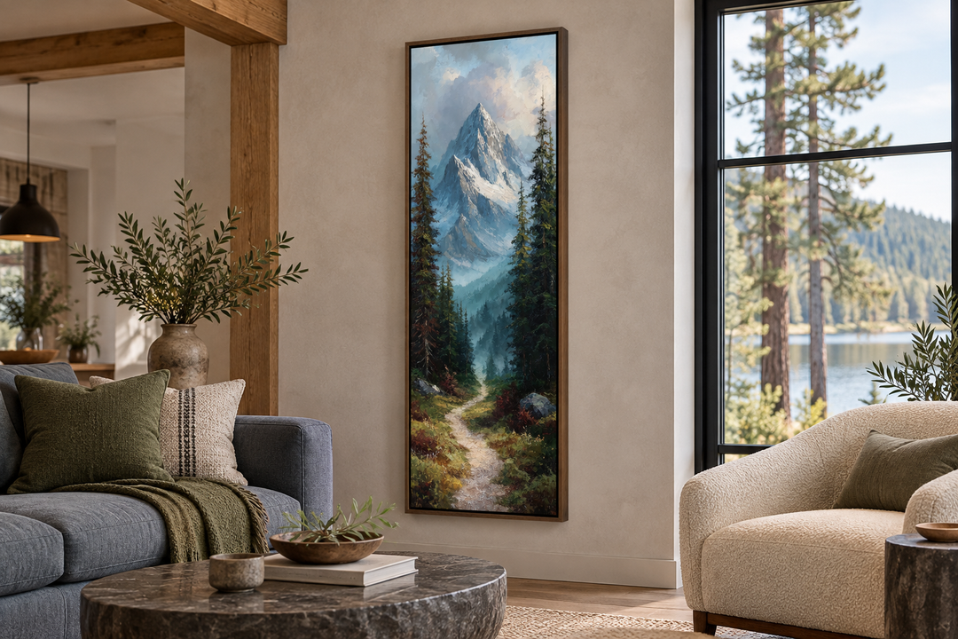 Slim vertical canvas print of a mountain path and pine trees in a rustic living room setting.