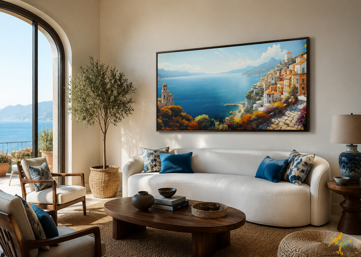 Large framed canvas print of an Amalfi Coast painting above a white sofa in a coastal living room.