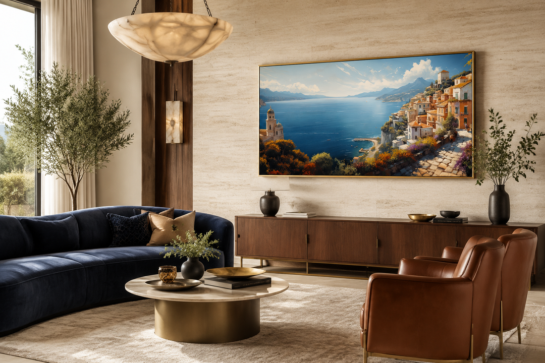Large framed Amalfi Coast canvas painting of an Italian seaside town above a wooden sideboard.