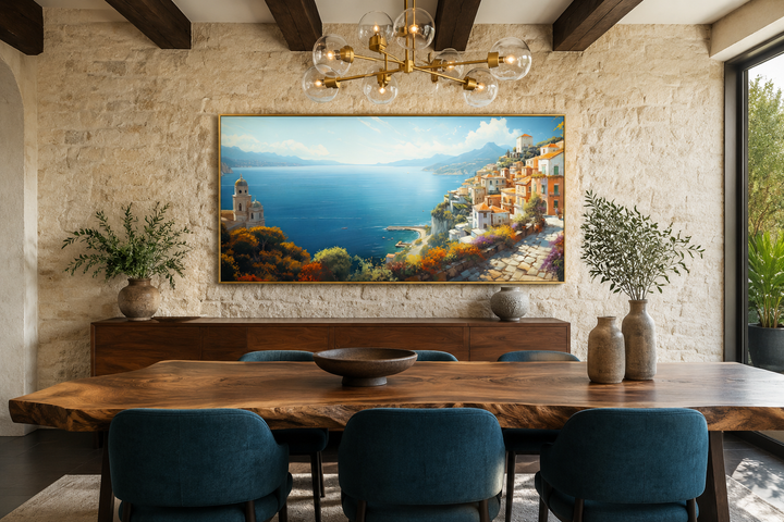Large framed Amalfi Coast canvas print featuring a vibrant Italian coastal landscape in a dining room
