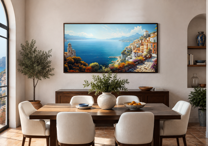 Large framed Amalfi Coast canvas print featuring a colorful Italian seaside town above a blue sea.