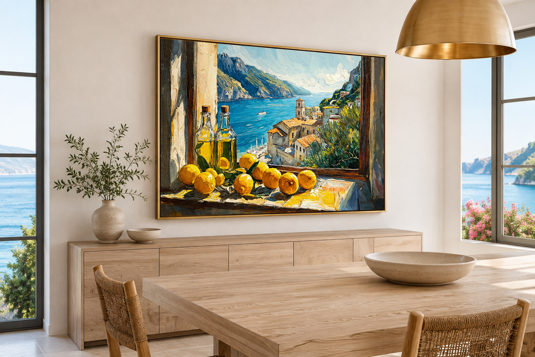 Amalfi Coast window view painting with lemons and olive oil on a dining room wall.