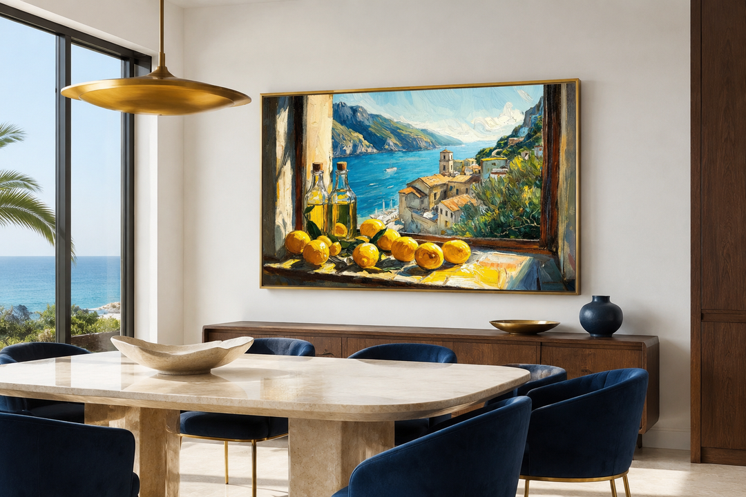Amalfi Coast window view wall art with lemons and olive oil in a modern dining room setting.