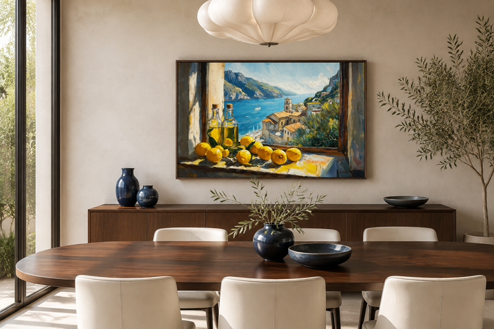 Amalfi Coast window view wall art with lemons and olive oil above a dining table.
