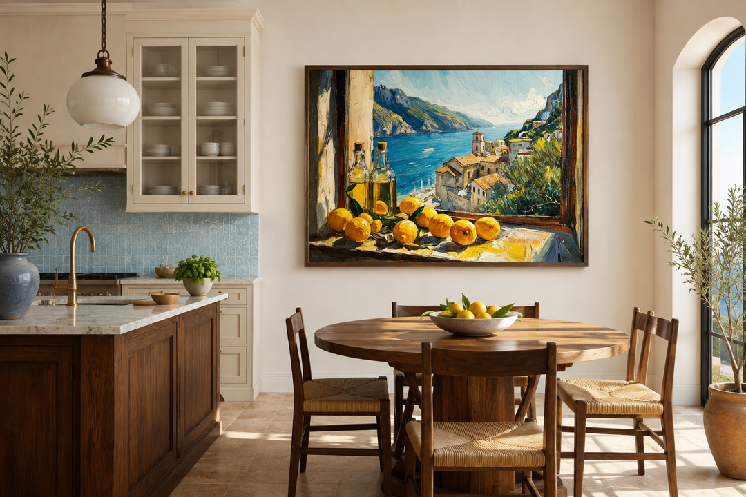 Amalfi Coast window view painting with lemons and olive oil above a wooden dining table.