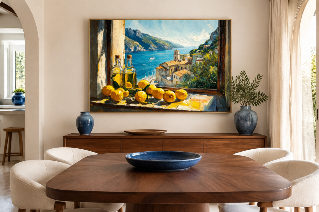 Amalfi Coast window view painting with lemons and olive oil above a dining table.