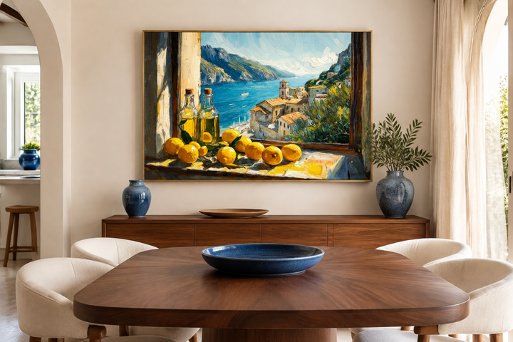 Amalfi Coast window view painting with lemons and olive oil above a dining table.