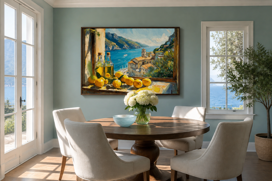 Amalfi Coast window view canvas art with lemons and olive oil above a dining table.