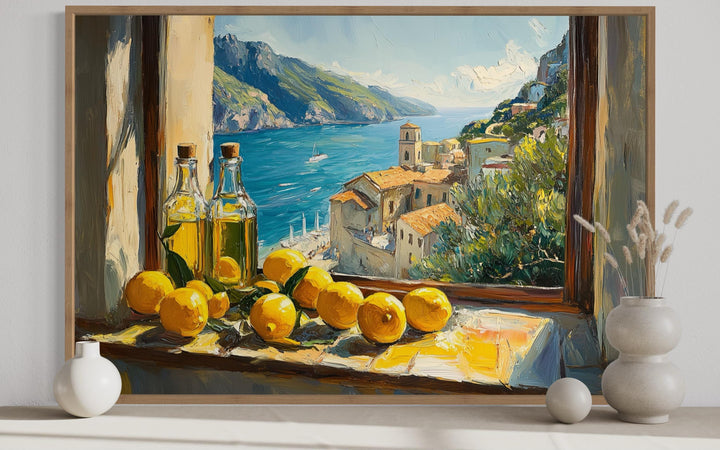 Amalfi Coast window view painting with lemons and olive oil bottles on a windowsill.