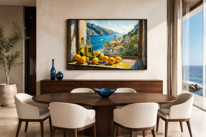 Amalfi Coast window view painting with lemons and olive oil above a dining table.