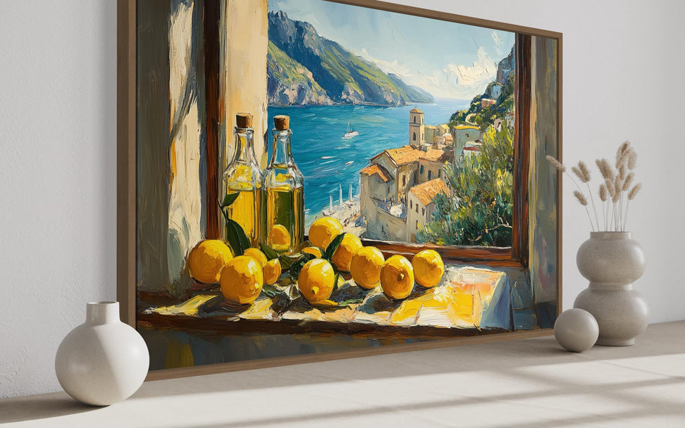 Amalfi Coast window view painting with lemons and olive oil bottles on a windowsill.