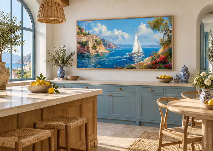 Amalfi Coast With Sail Boat Framed Canvas Wall Art displayed in a bright Mediterranean kitchen.