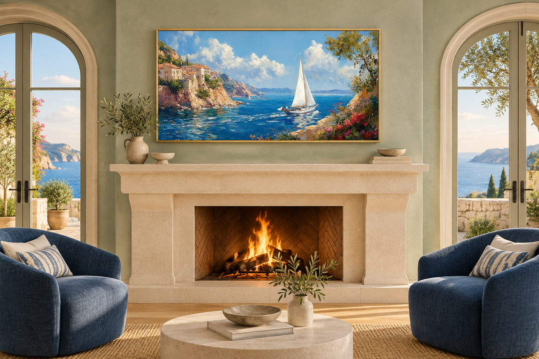 Amalfi Coast With Sail Boat Framed Canvas Wall Art displayed above a fireplace in a coastal room.
