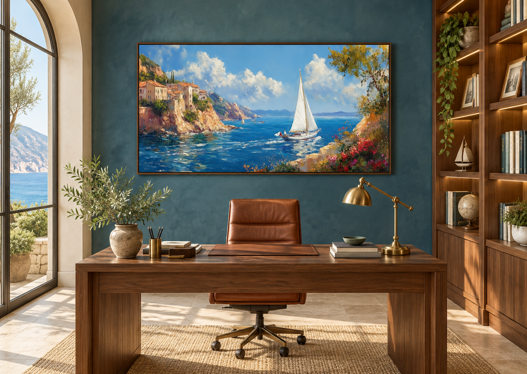 Amalfi Coast with sailboat framed canvas wall art hanging above a wooden desk in a home office.