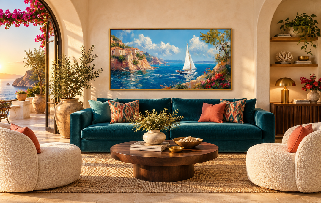Amalfi Coast with sailboat framed canvas wall art hanging above a teal sofa in a coastal living room