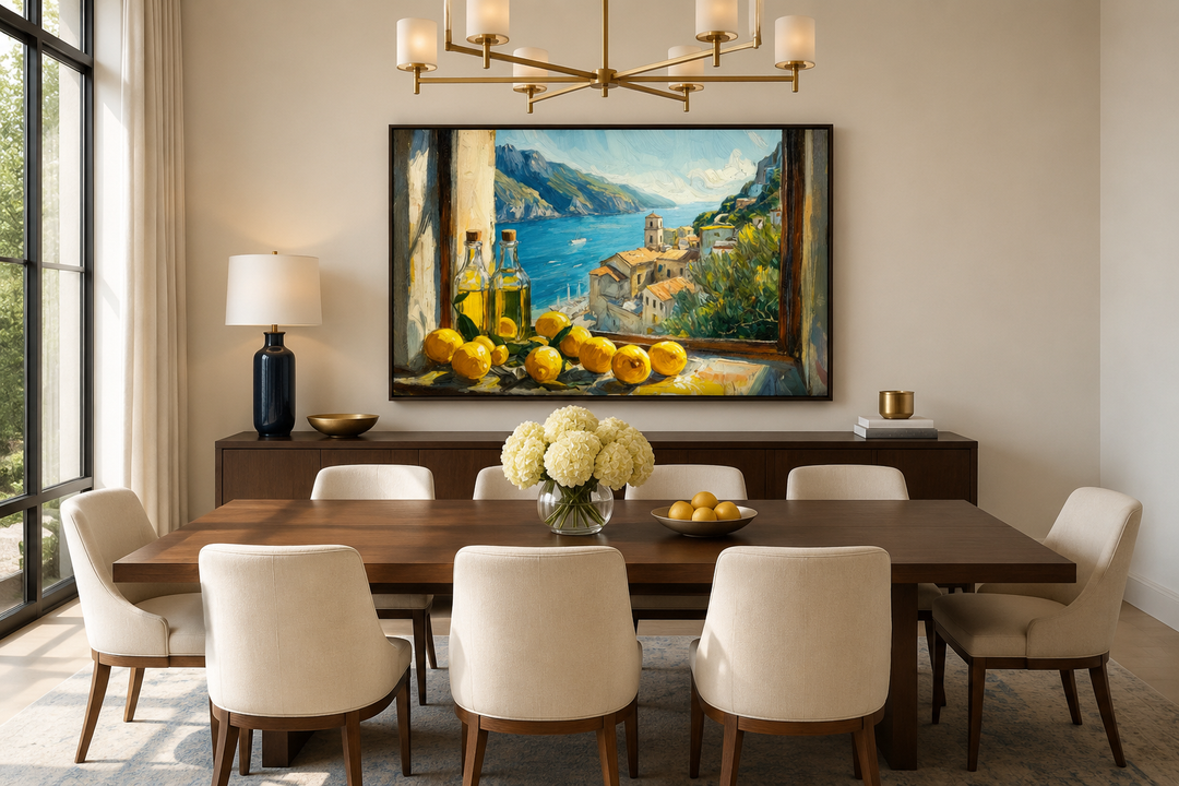 Amalfi Coast window view wall art with lemons and olive oil above a wooden dining table.