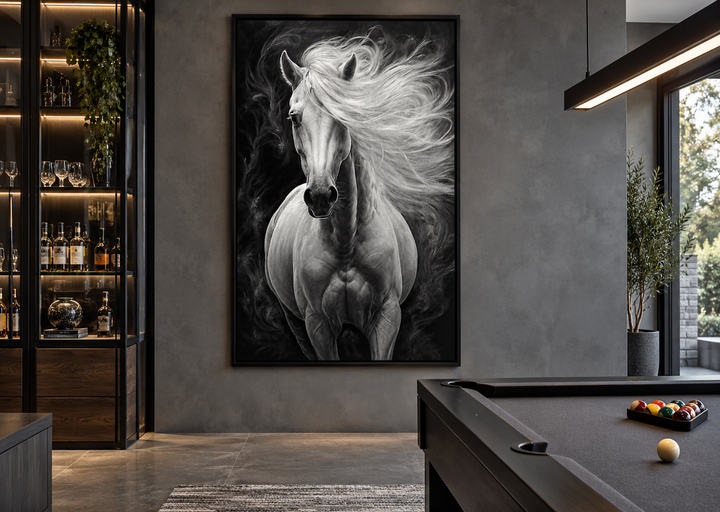 Framed canvas wall art of a white horse with a flowing mane against a dark, smoky background.
