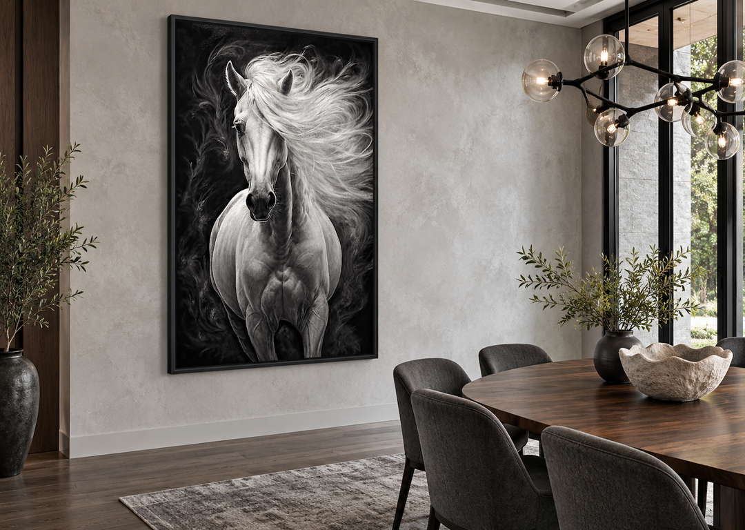 Framed canvas wall art of a white horse with a flowing mane against a dark, smoky background.