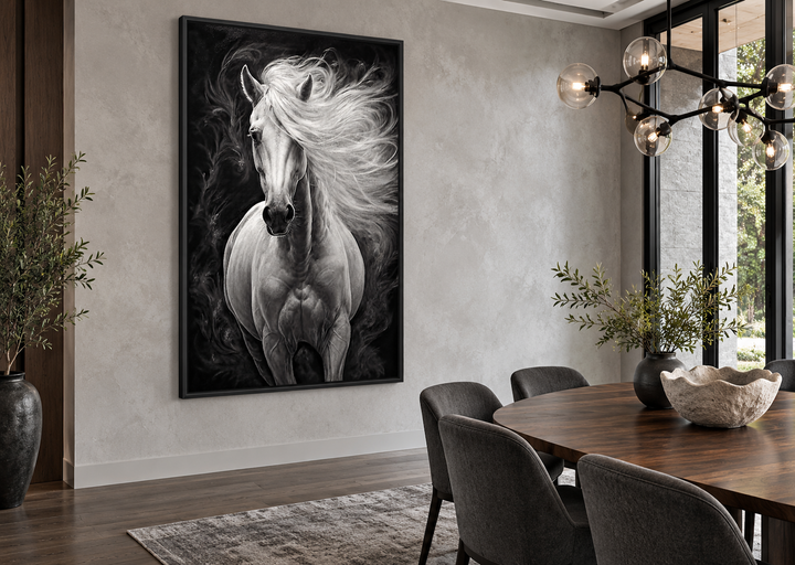 Framed canvas wall art of a white horse with a flowing mane against a dark, smoky background.