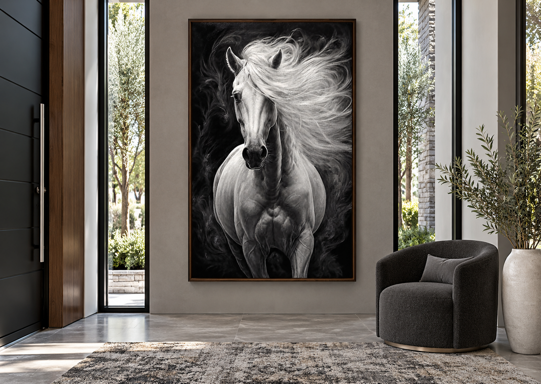 Framed canvas wall art of a white horse with a flowing mane against a dark, smoky background.