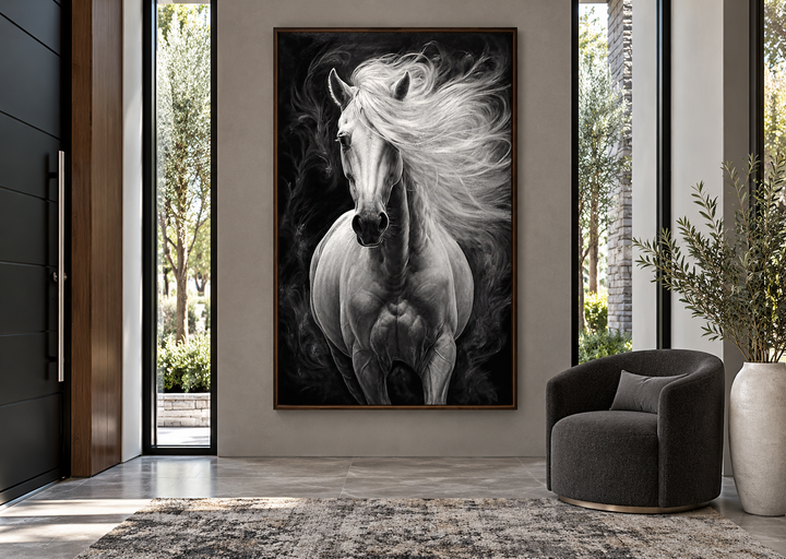 Framed canvas wall art of a white horse with a flowing mane against a dark, smoky background.