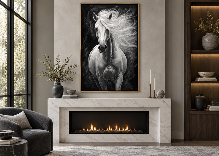 Framed canvas wall art of a white horse with a flowing mane on a black background above a fireplace.