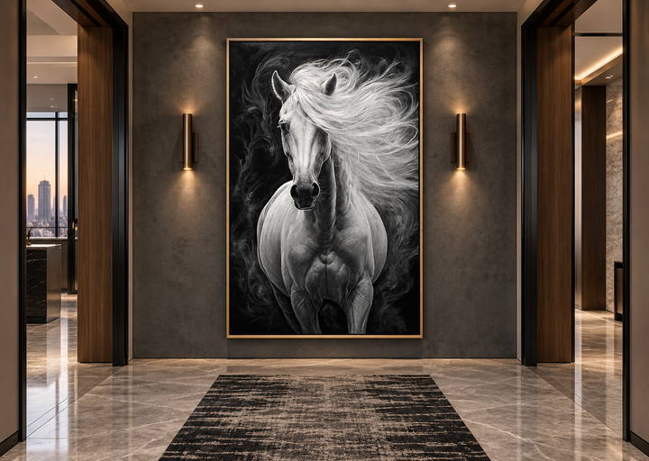 Framed canvas wall art of a white horse with a flowing mane against a dark, smoky background.