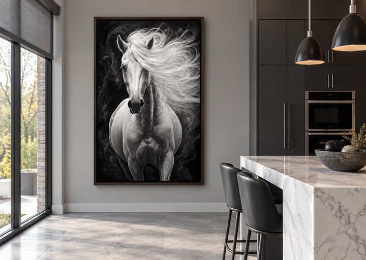 Framed canvas wall art of a white horse with a flowing mane against a black background.