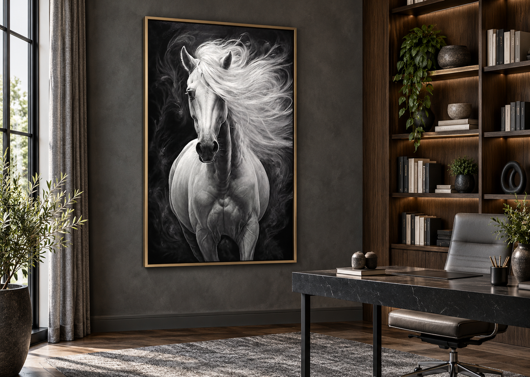 Framed canvas wall art of a white horse with a flowing mane against a dark, smoky background.