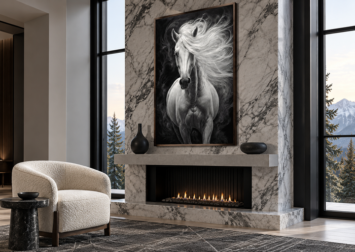 Framed canvas wall art of a white horse with a flowing mane on a black background above a fireplace.