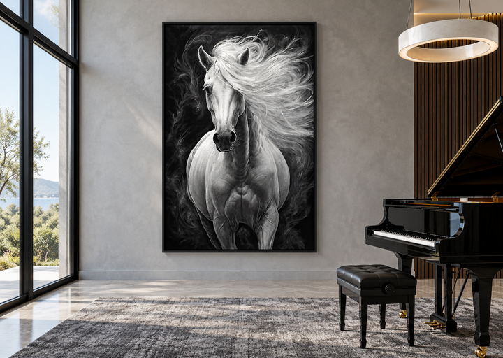 Framed canvas wall art of a white horse with a flowing mane against a dark, smoky background.
