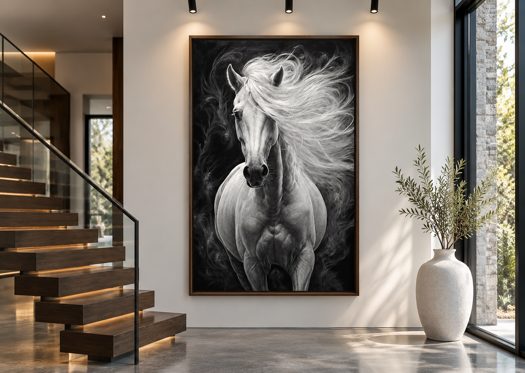 Framed canvas wall art of a white horse with a flowing mane against a dark, smoky background.
