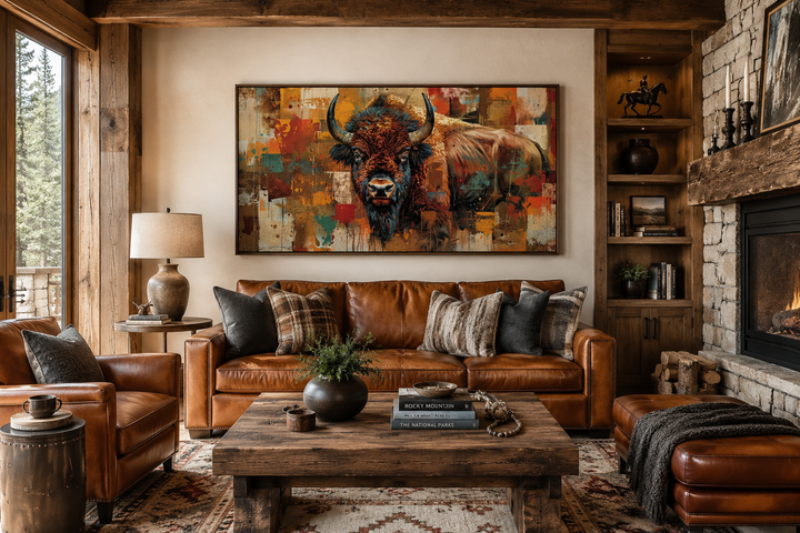 Colorful American Bison canvas wall art hanging above a leather sofa in a rustic living room.