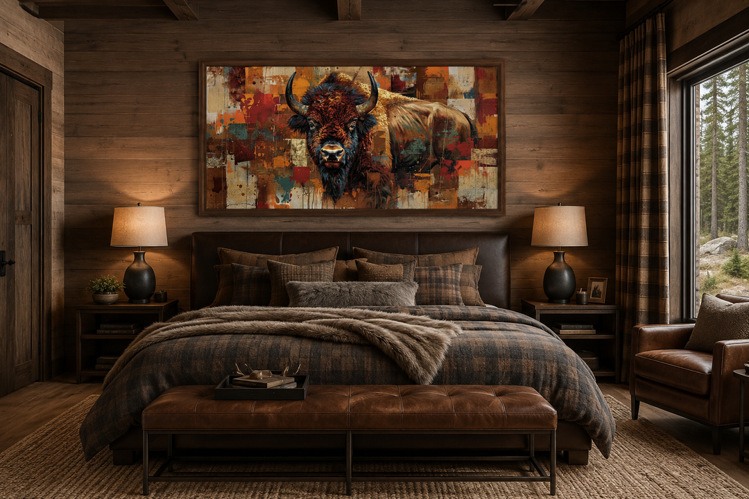 Colorful American Bison canvas wall art hanging above a bed in a rustic, wood-paneled bedroom.