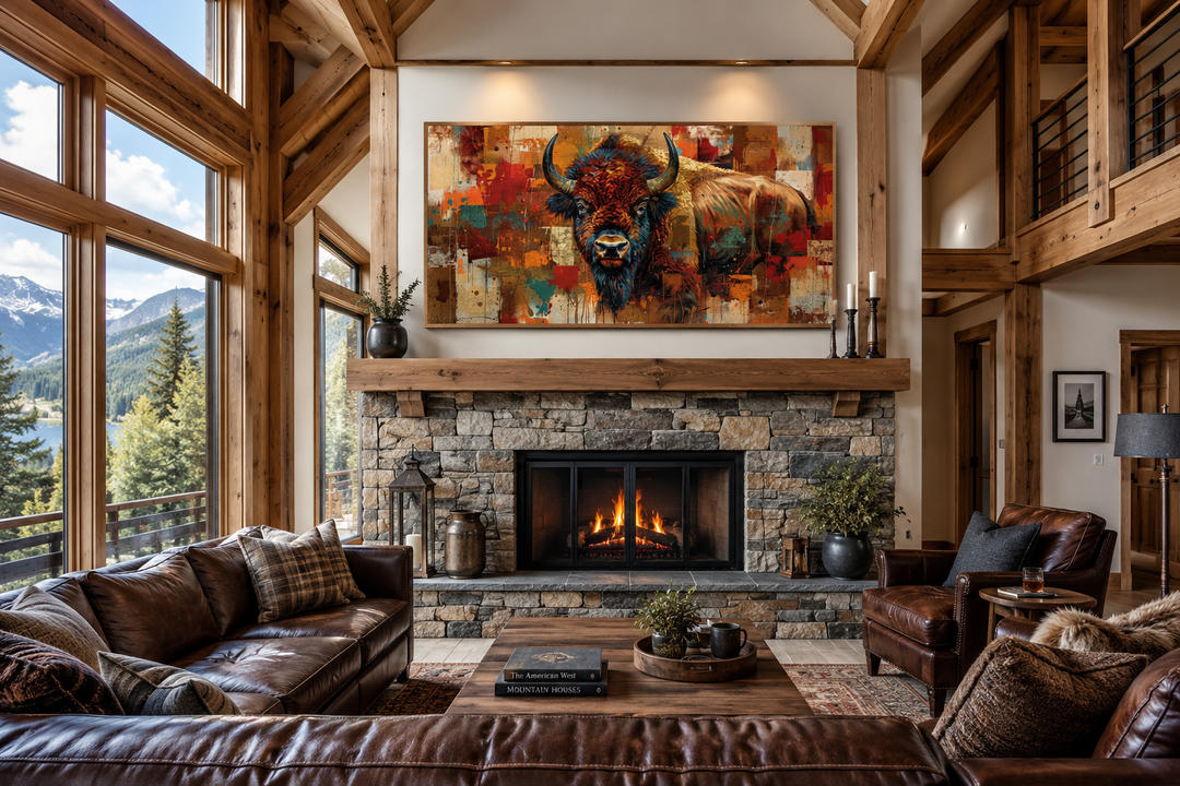 Colorful American Bison canvas wall art hanging above a stone fireplace in a rustic living room.