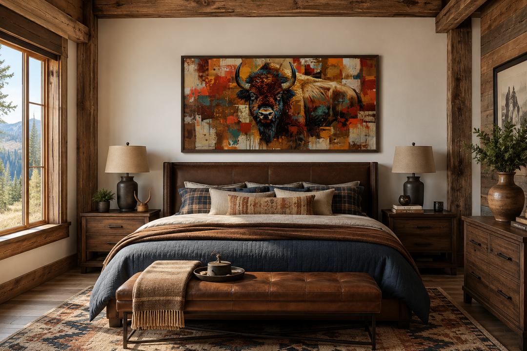 Colorful Southwestern American Bison canvas print hanging above a bed in a rustic bedroom.