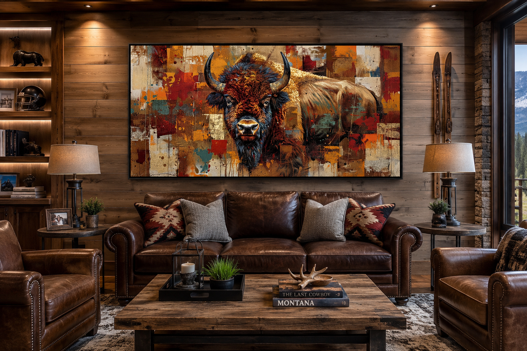 Colorful Southwestern American Bison canvas print hanging above a leather sofa in a rustic room.