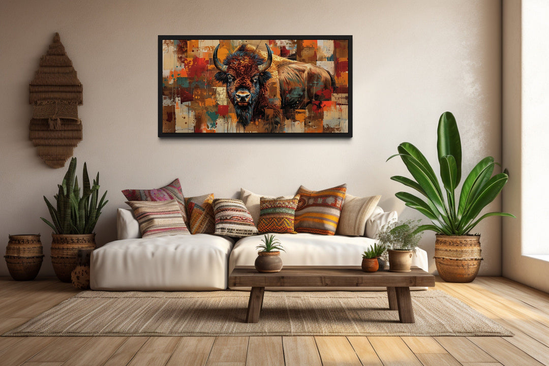 Colorful American Bison canvas print in a black frame above a white sofa with rustic decor.