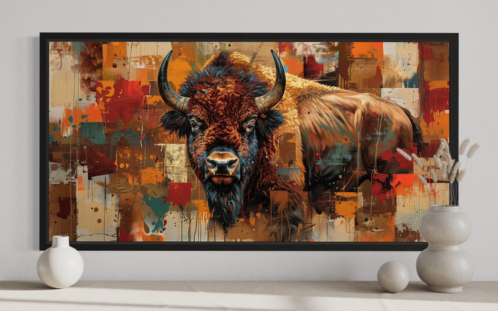 Colorful American Bison canvas wall art in a black frame, featuring rustic Southwestern style.