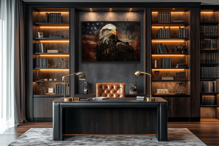 American Bald Eagle With USA Flag Background Canvas Wall Art