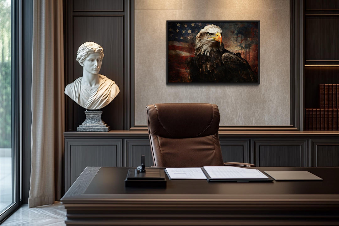 American Bald Eagle With USA Flag Background Canvas Wall Art